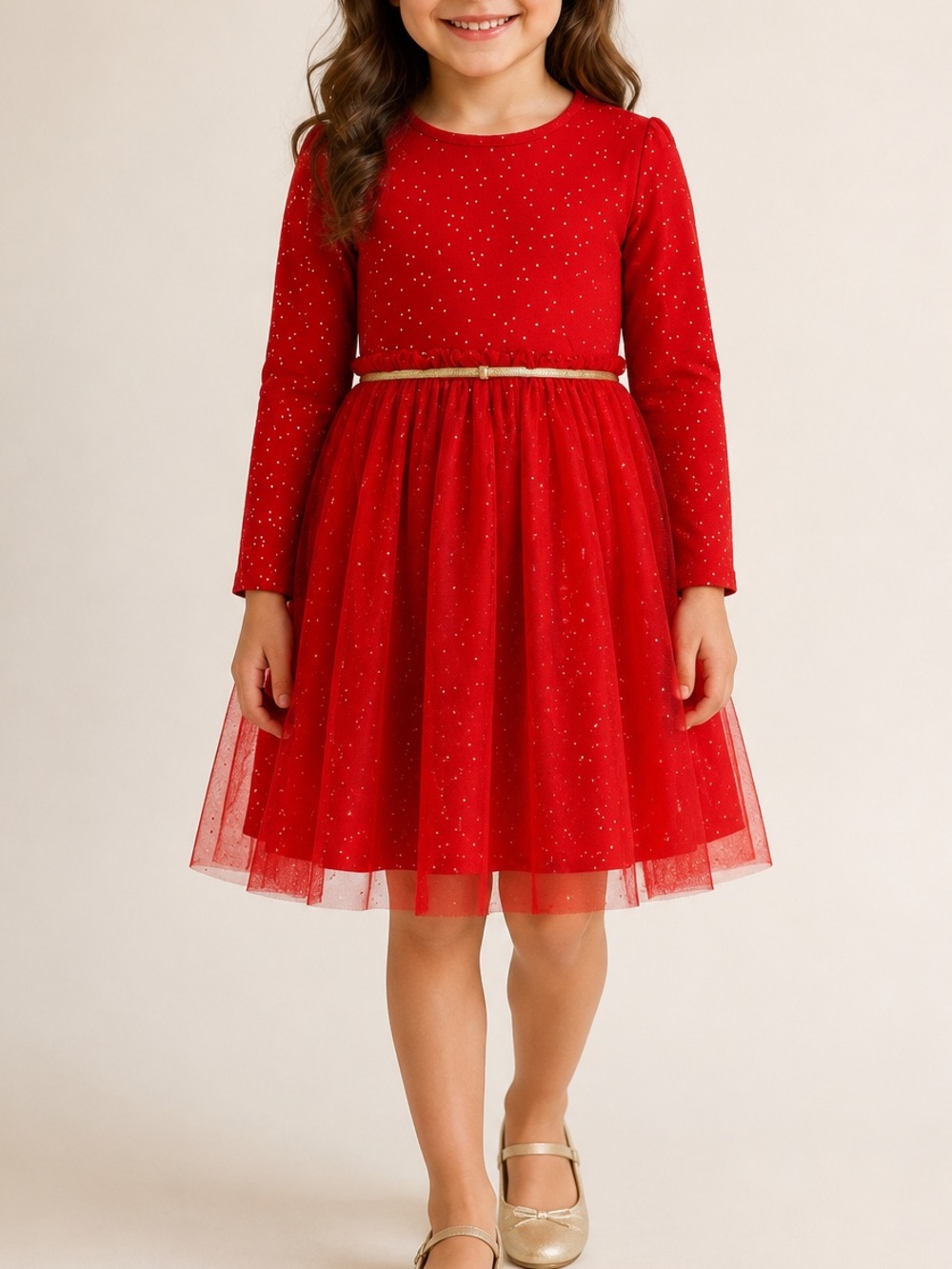 Hanna Andersson Girls Red Gold Sparkle Tulle Party Dress Size 5 (1425)